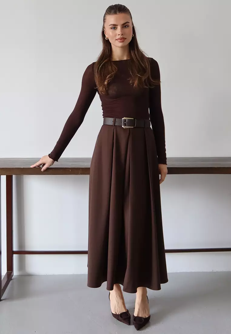 Dark Brown Belted Bell/A-Line Woven Long Maxi Skirt Twoaw26Et168