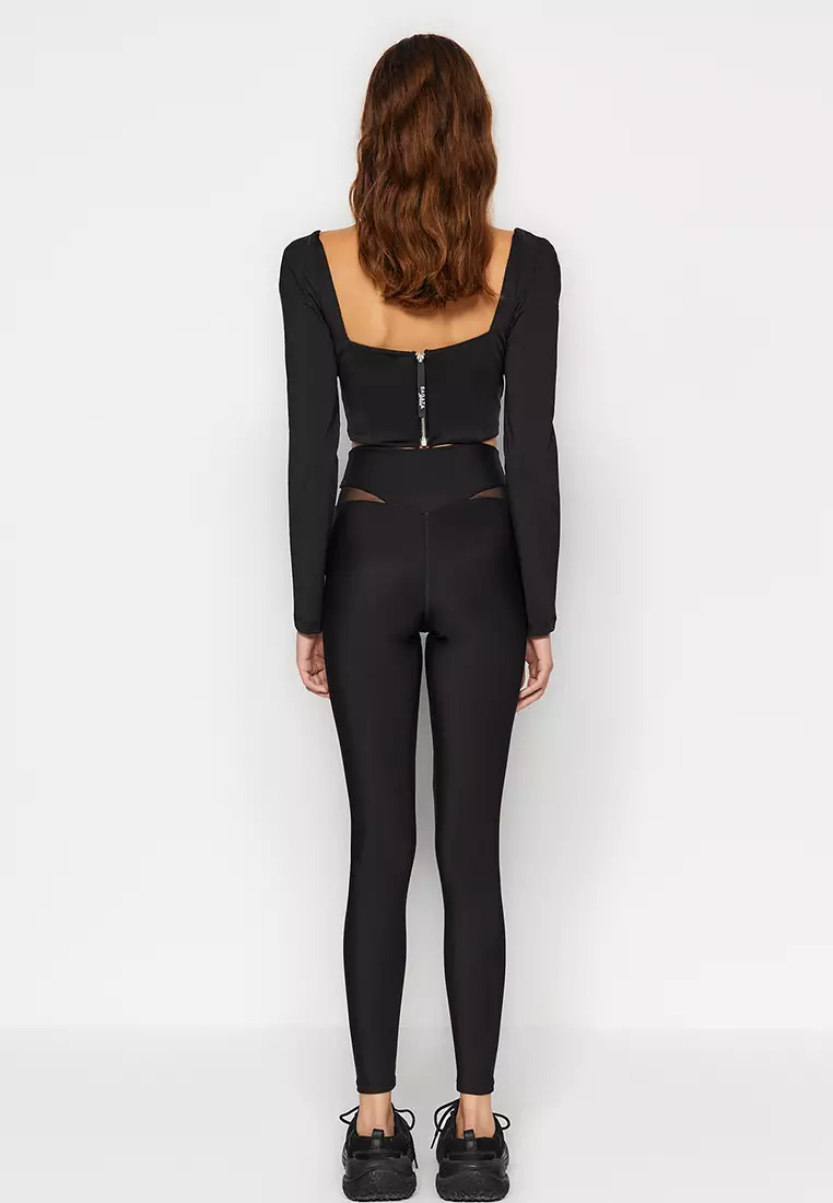 X Sagaza Studio Black Gathering Tulle Detail Full Length Sports Leggings TCLAW24TY00000