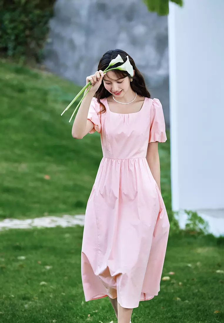 Plain Puff Sleeve Square Neck Summer Dress