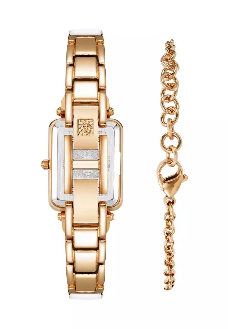 AK3898WTST0000 Rose Gold Rectangle Watch With White Mother Of Pearl Dial And With 1 Chain Bracelet With White Enamel Link in Stainless Steel Band