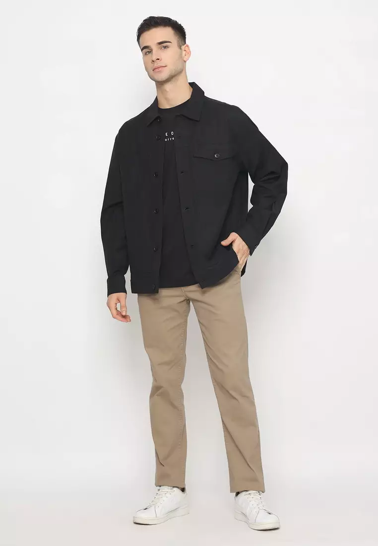 POLICE Kemeja Polos Cotton Twill Semi Jaket Blue Black Regular Fit Lengan Panjang Pria