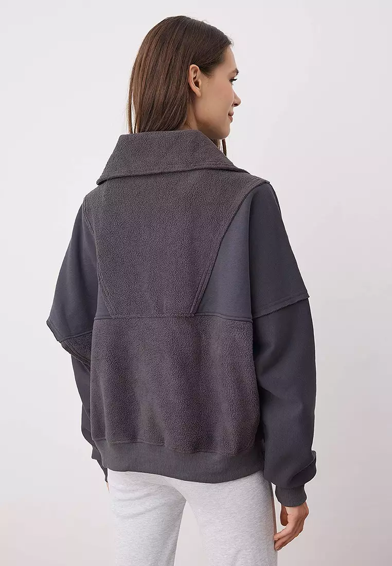 Anthracite Regular/Normal Pattern Polar Fleece Zippered Pocket Detailed Thick Knitted Sweatshirt