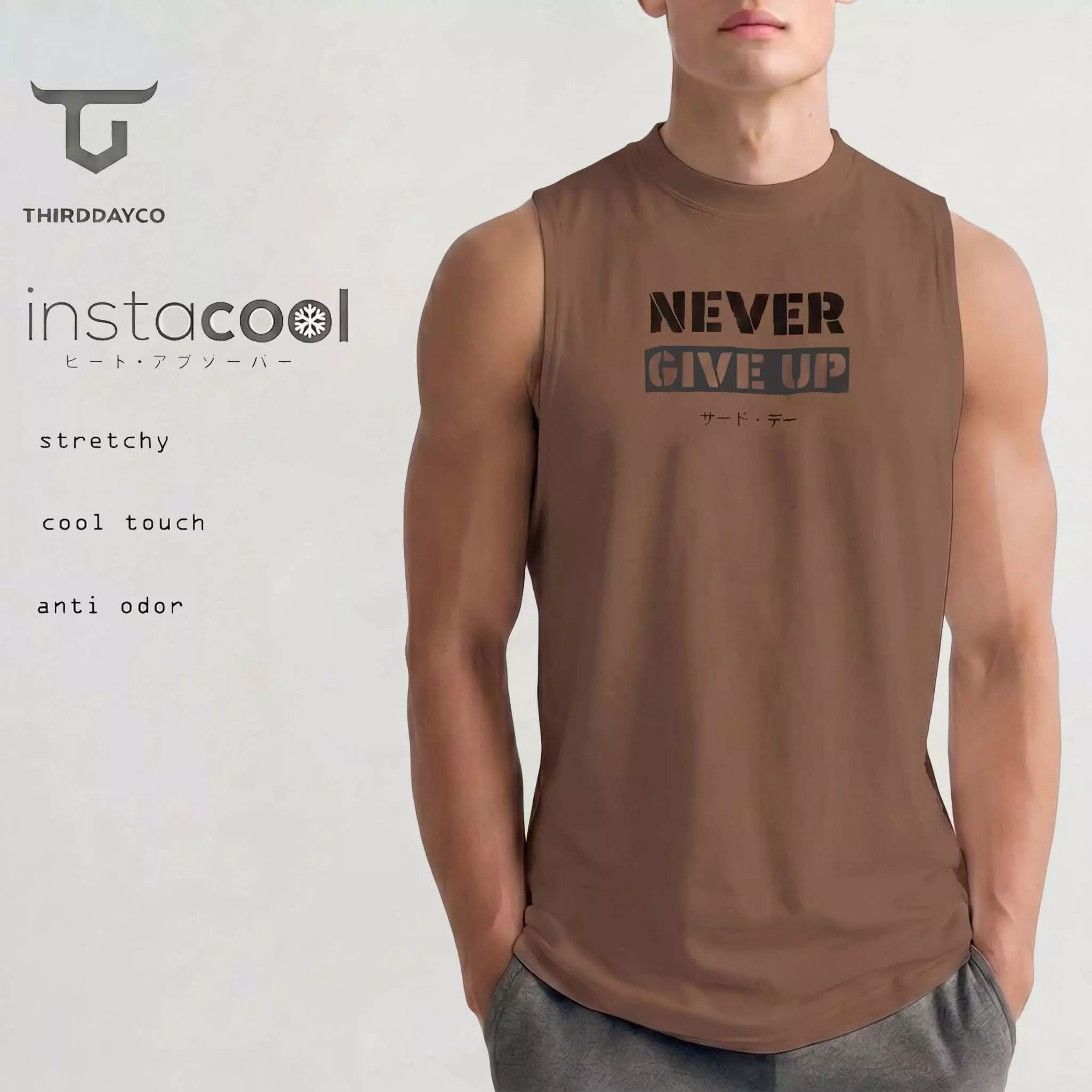 THIRDDAY Kaos Kutung Tank Top Instacool "never give up" coklat MUA51