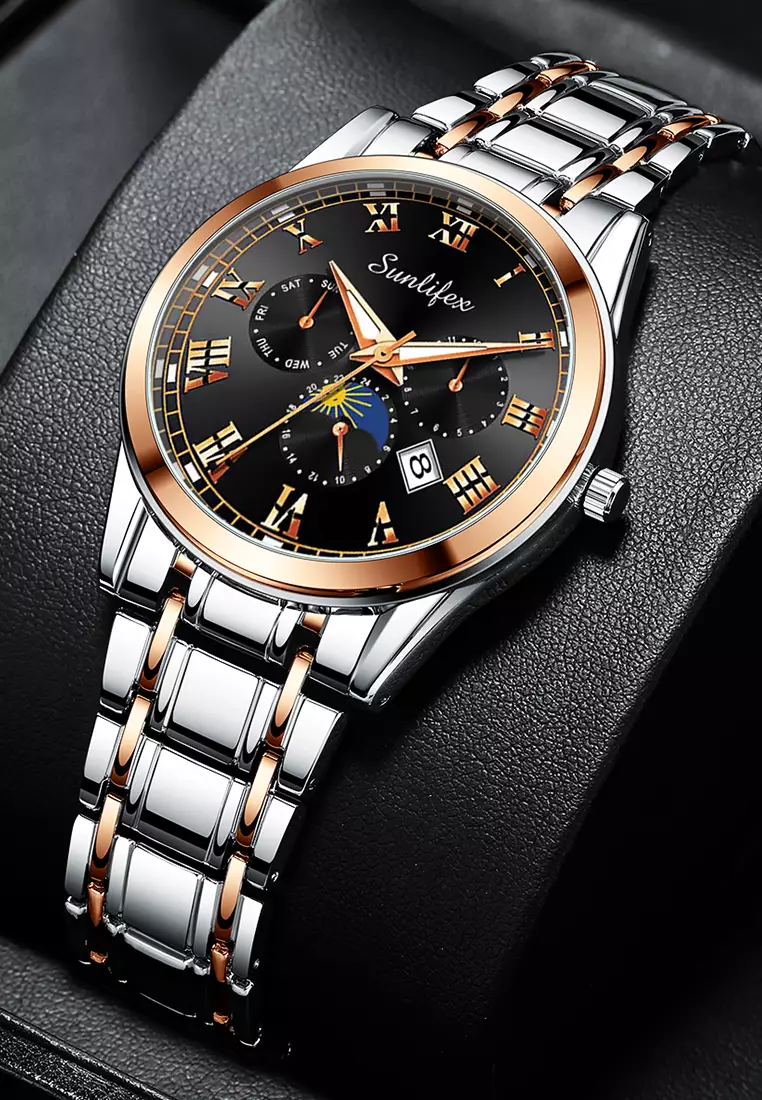 Jam Tangan Pria Tali Stainless Steel Anti Air Kuarsa Santai Mode Jam Tangan Cowok rose black