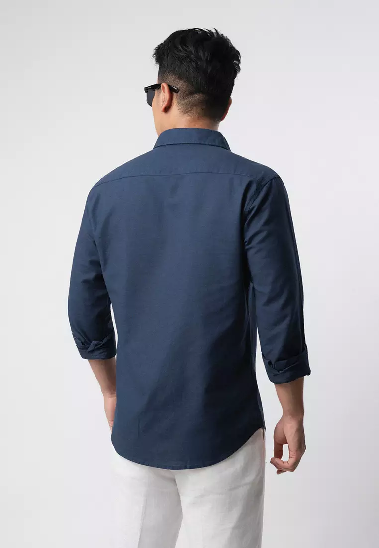Linen Blend Slim Fit Shirt - Navy LS