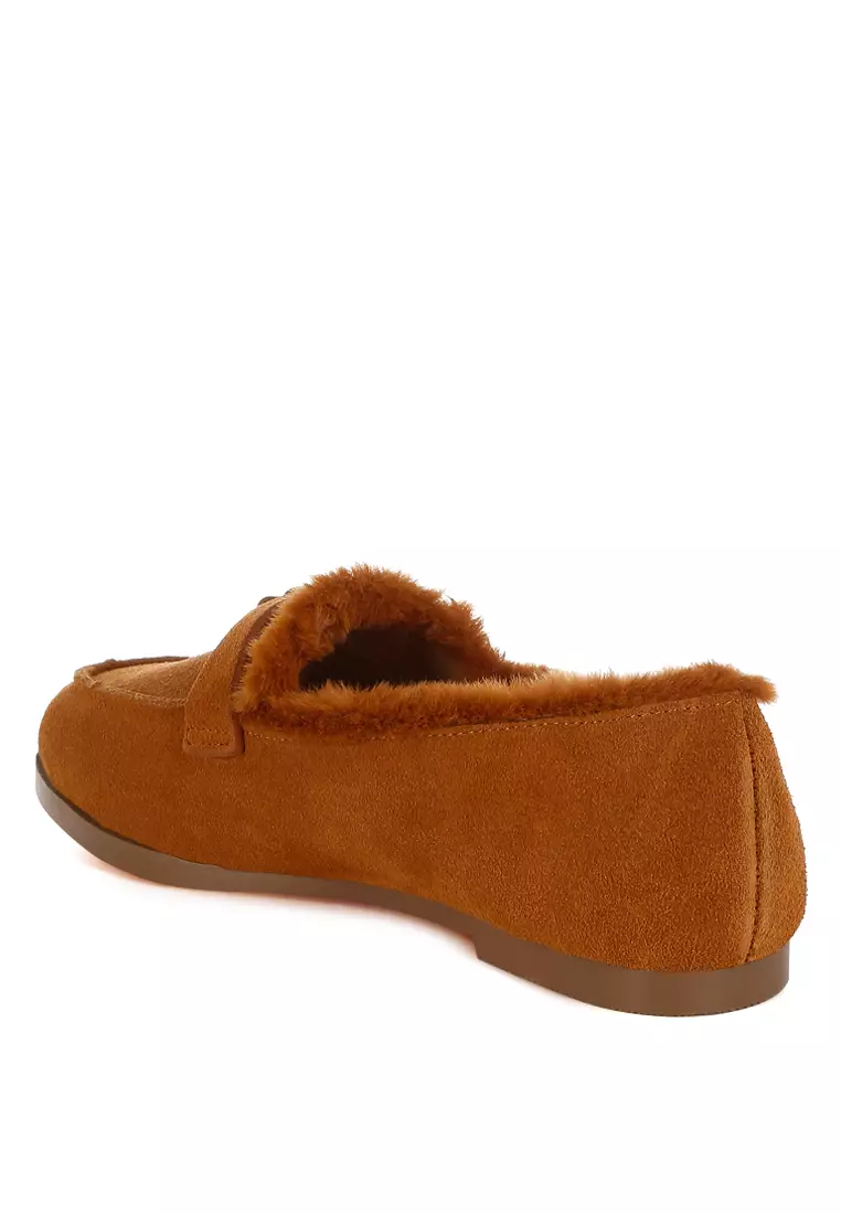 Suede & Faux Fur Flat Loafers In Tan