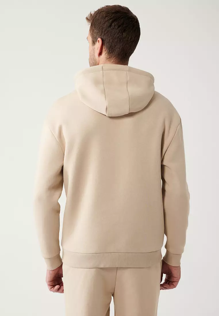 Men's Beige Hooded 3 Thread Raised Sweatshirt A32Y1190