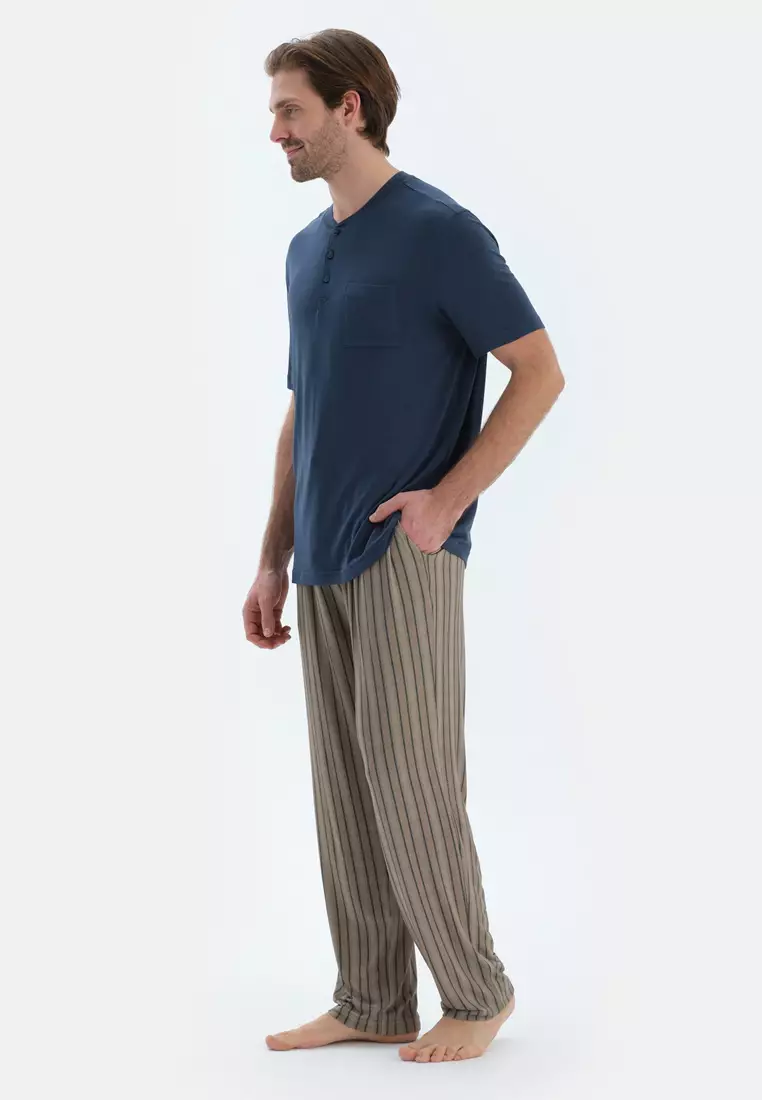 Navy T-Shirt & Trousers, Crew Neck, Regular, Long Leg, Short Sleeve Sleepwear for Men