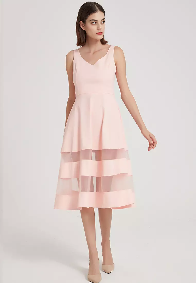 Original Design Elegant Temperament Sleeveless V-Neck Transparent Color block A-Line One Piece Dress B22041206PI