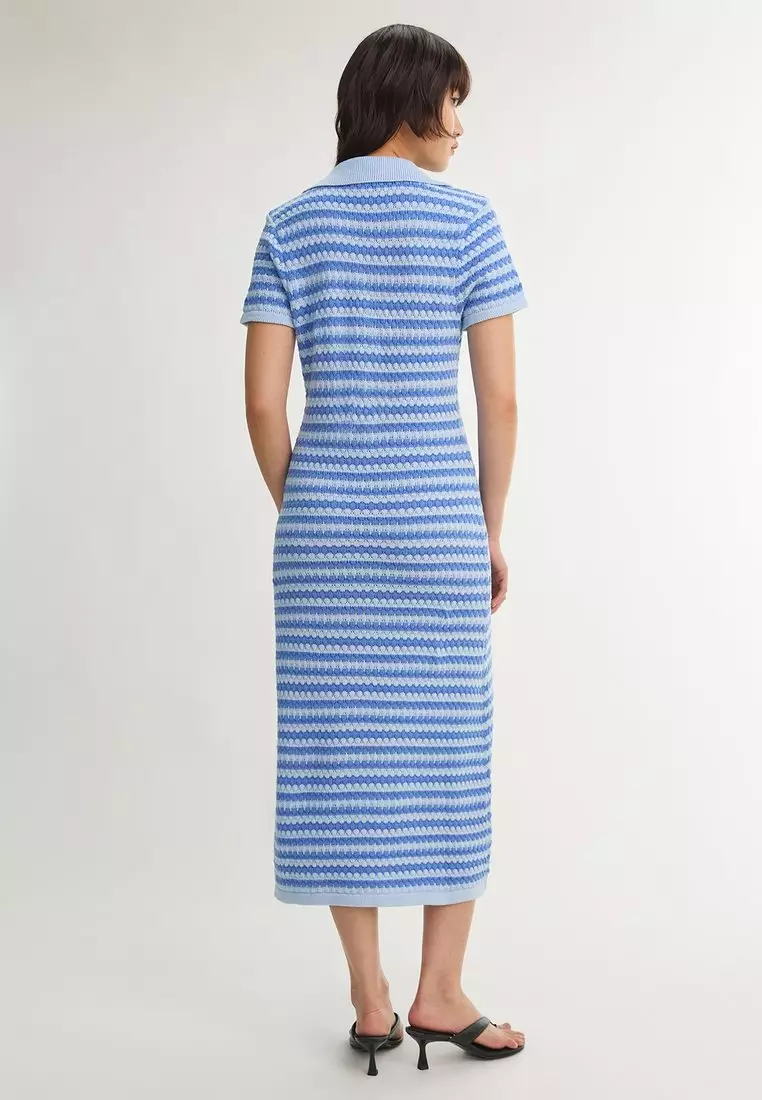 Striped Button Front Knit Polo Midi Dress - Aqua Blue