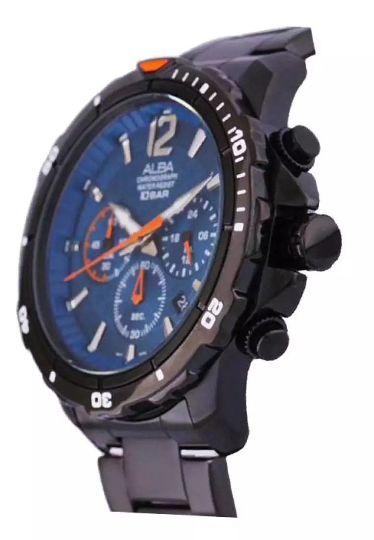 Jam Tangan Pria Alba Original Garansi Resmi AT3C83 AT3C83X1 Strap Stainless Steel Black Chronograph