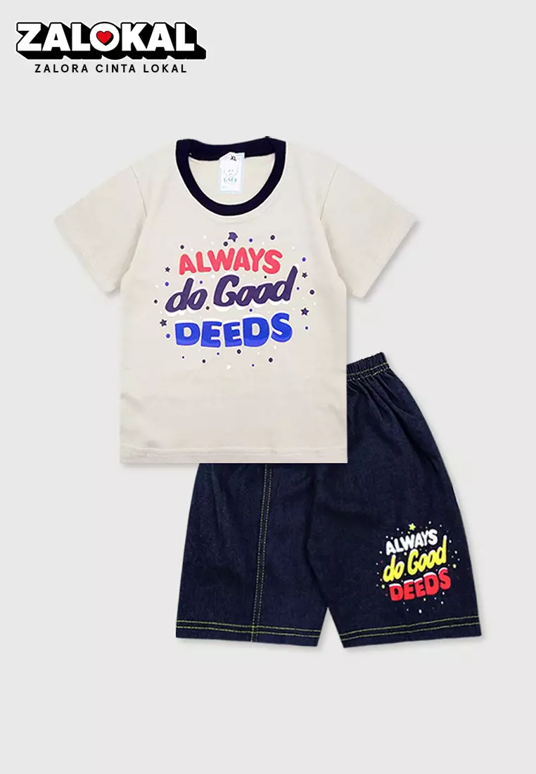 Wakakids Setelan Bayi Laki Laki Baju Lengan Pendek Anak Usia 12 Bulan Hingga 18 Bulan Set Celana Jeans Motif Always De Good 3039 Cream