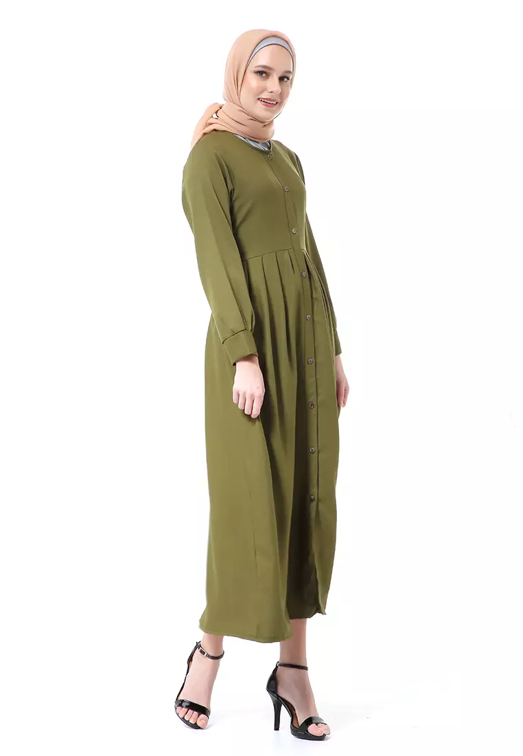 Kiyah Dress Button Muslimah Atasan Wanita Long Sleeve Premium Quality - Army