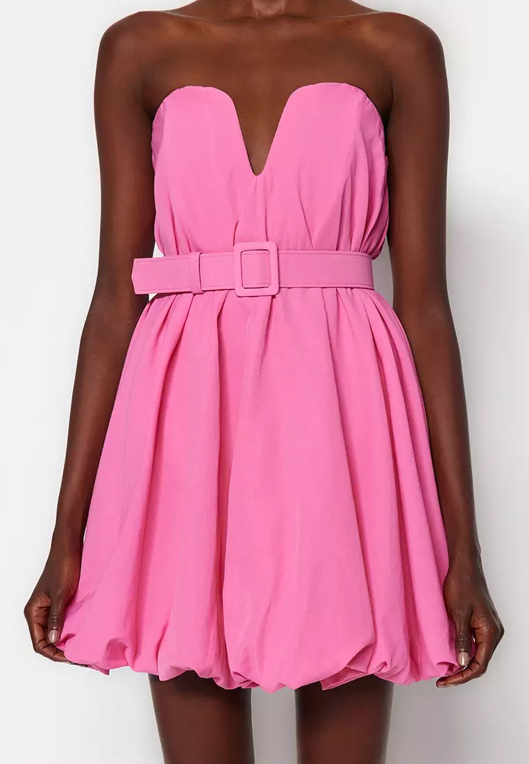 Balloon Poplin Evening Dress Belt Detailed