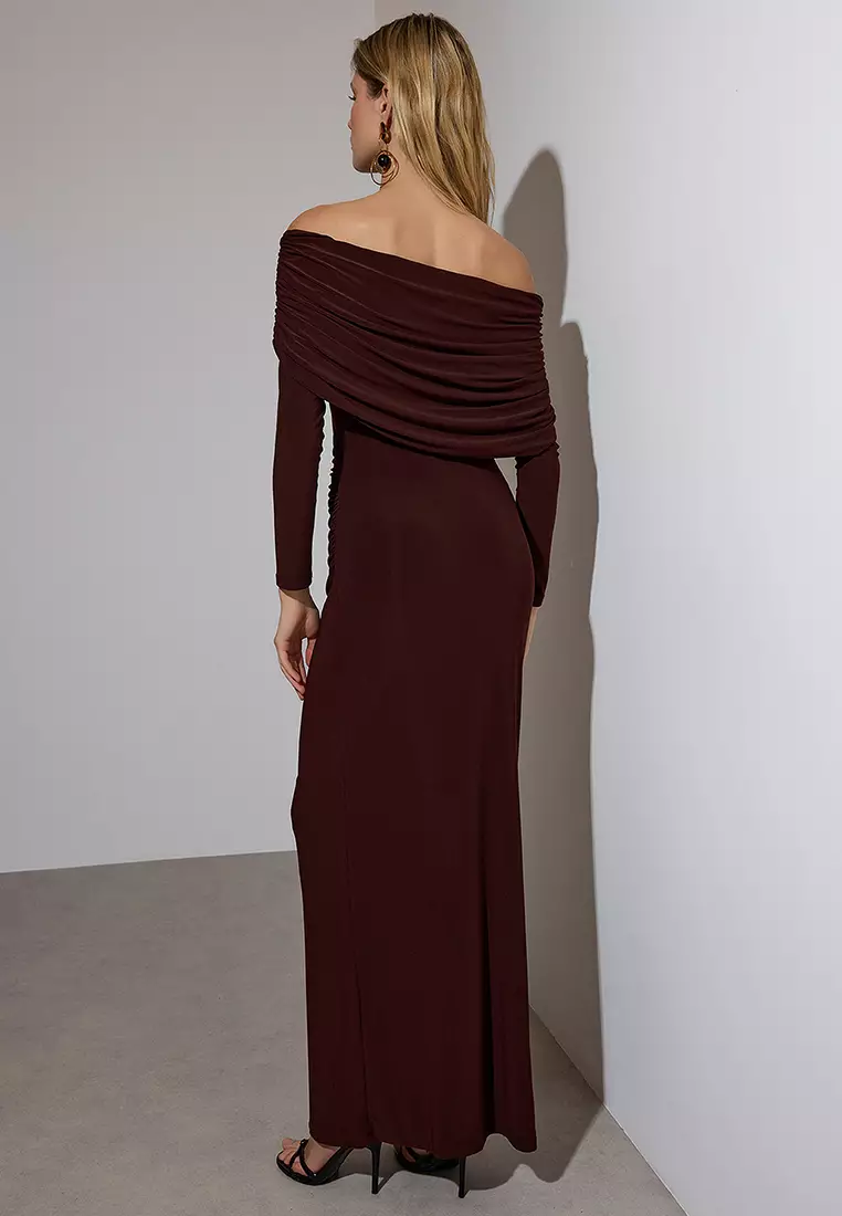 Ruched Carmen Collar Maxi Dress