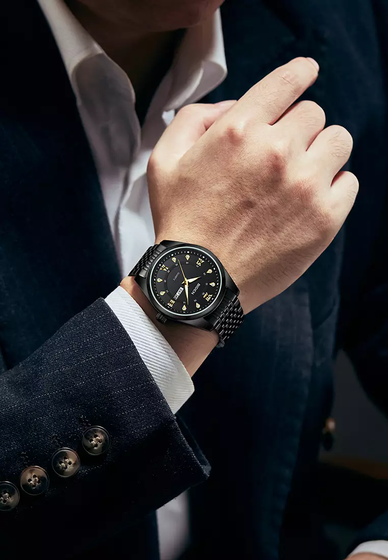 Jam Tangan Pria Original Kalender Luminous Luxury Tali Stainless Steel Jam Tangan Cowok hitam