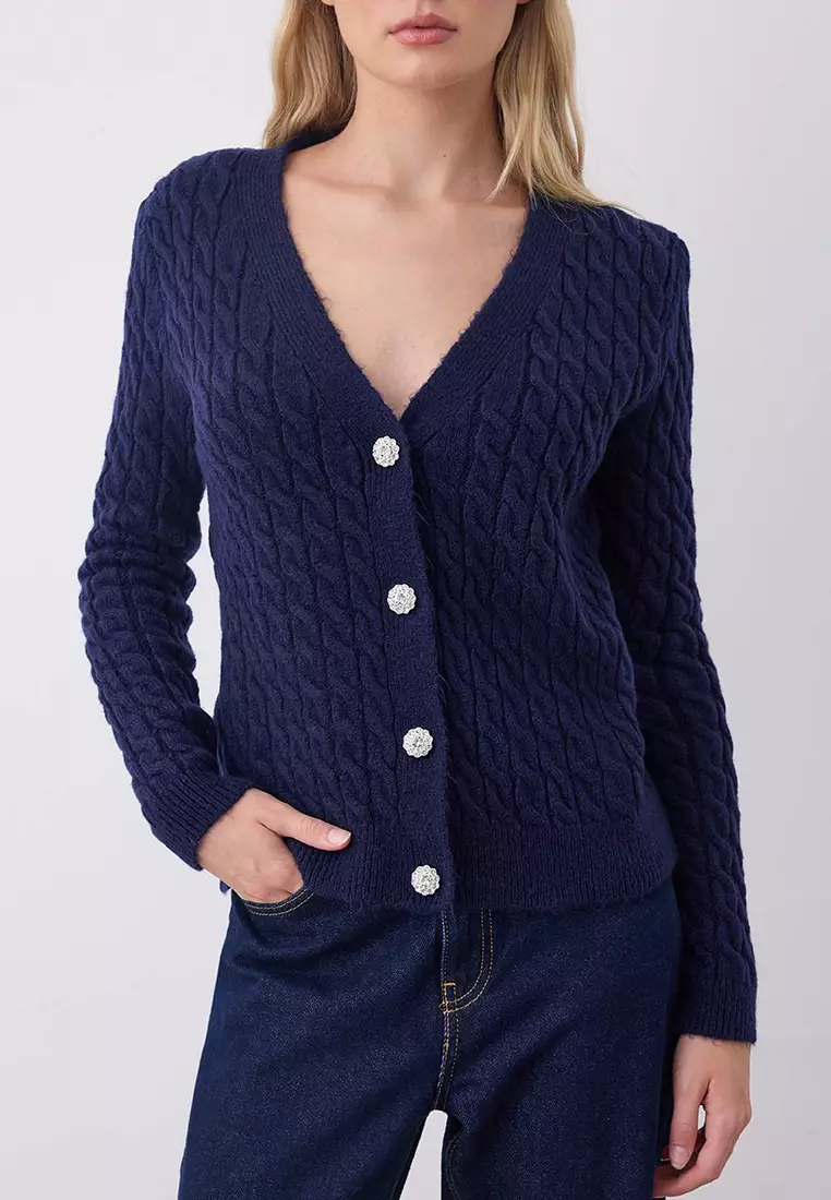 Button Detailed Soft Textured V-Neck Knit Cardigan