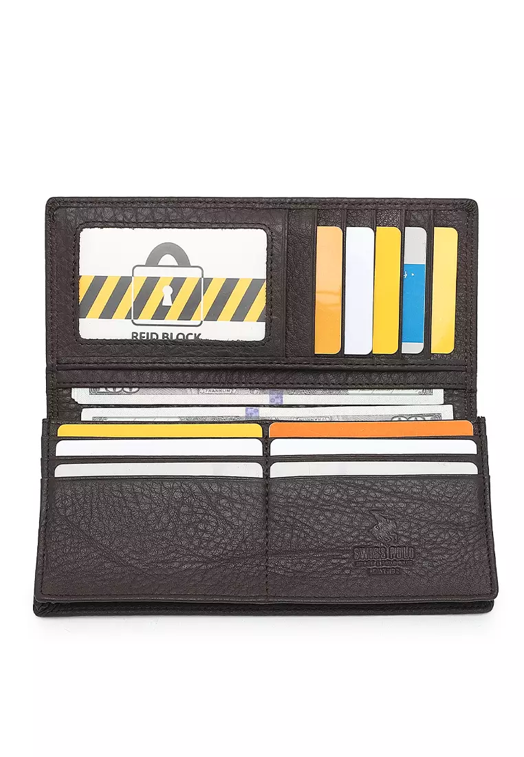 Genuine Leather RFID Long Wallet - Black