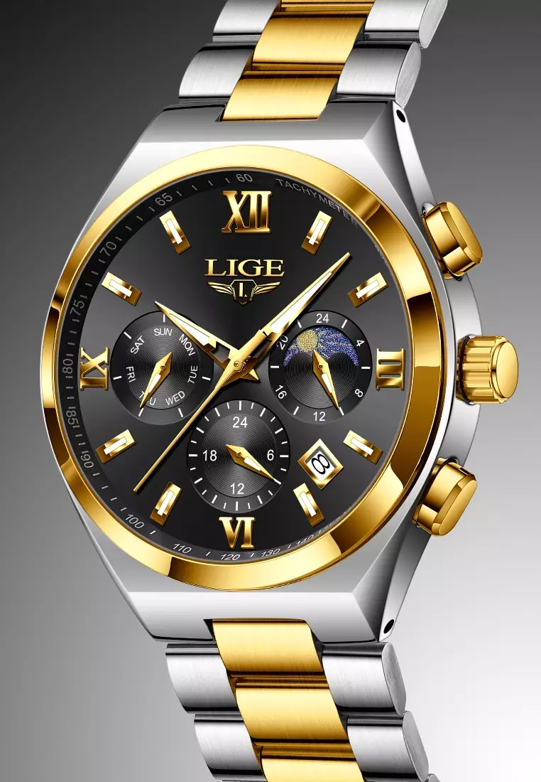 Chronograph Unisex Stainless Steel Quartz Watch 42mm, black dial, on Steel Bracelet