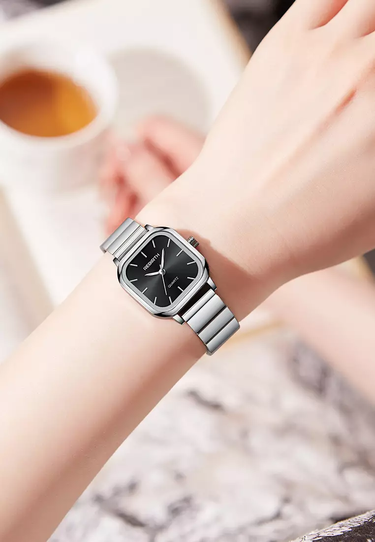 Jam Tangan Wanita Original Square Anggun Tali Stainless Steel perak hitam