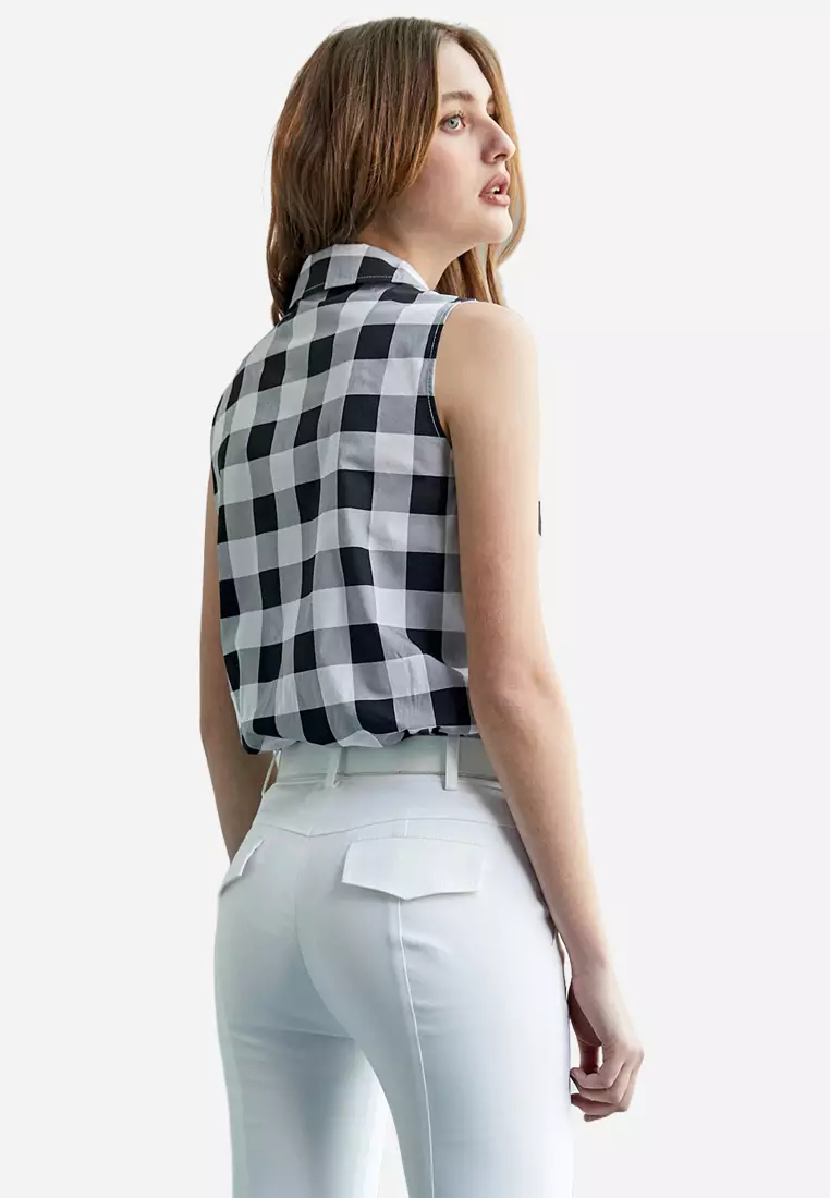 Black White Plaid Button Front Vest