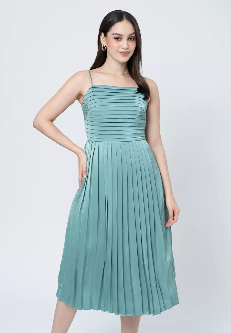 Tania Sleeveless Satin Pleated Dress