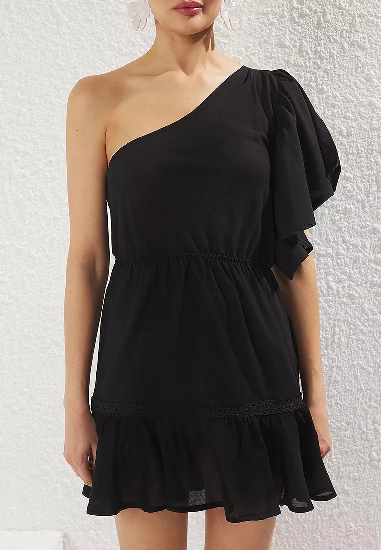 One Shoulder Mini Woven Flounce Beach Dress