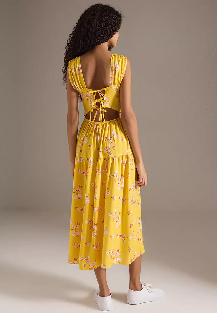 Yellow Floral Cut Out / Flounce Midi Woven Dress TWOSS21EL0709