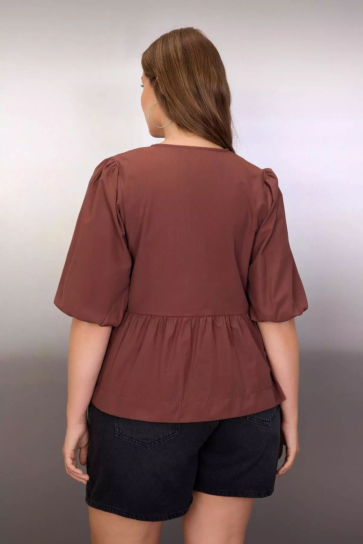 Brown Bow Woven Plus Size Blouse