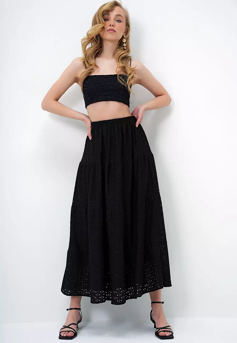 Women's Black Katkat Flounce Guipure Premium Skirt Alc-X14141