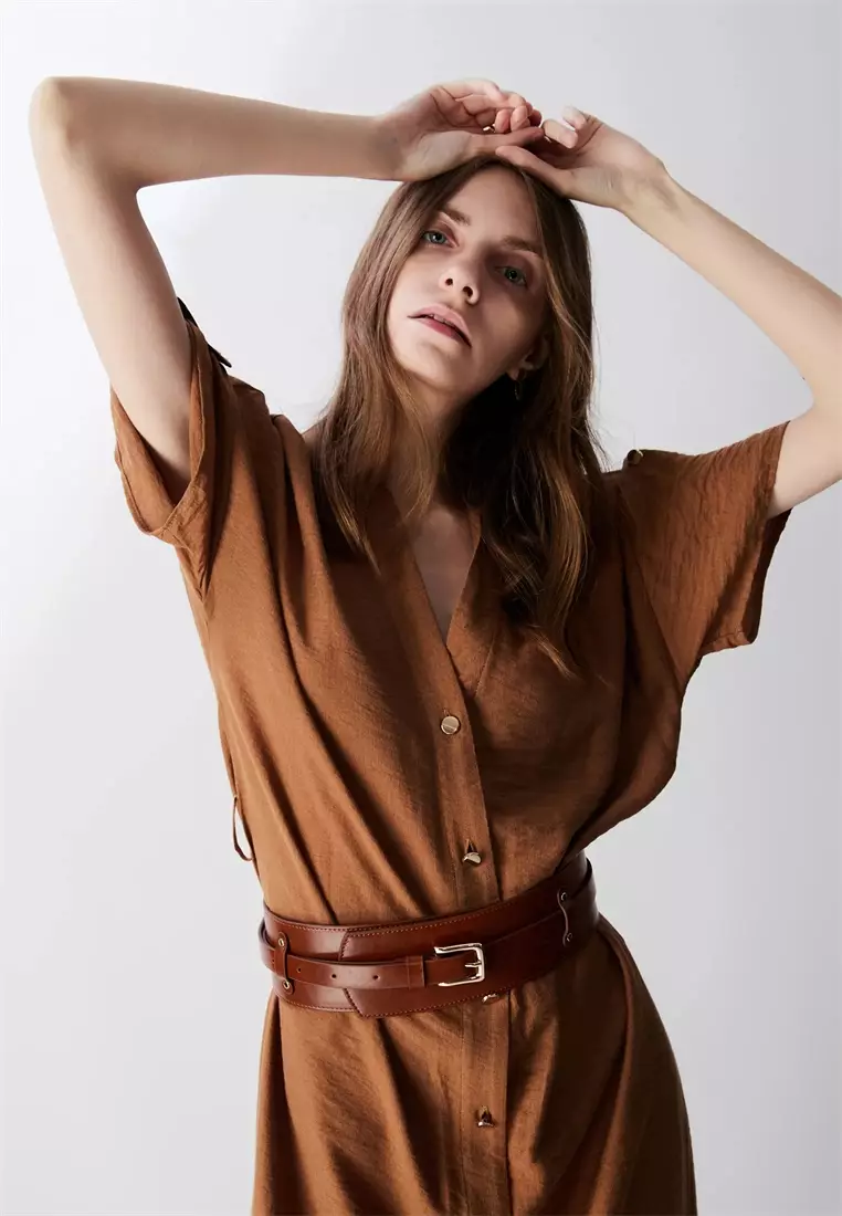 Helena 女士宽版皮质腰带配搭扣-棕色