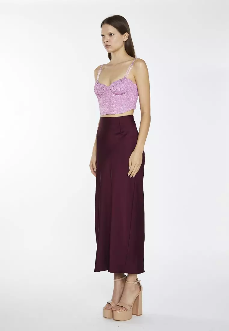 Deep Burgundy Satin Side Split Maxi Skirt