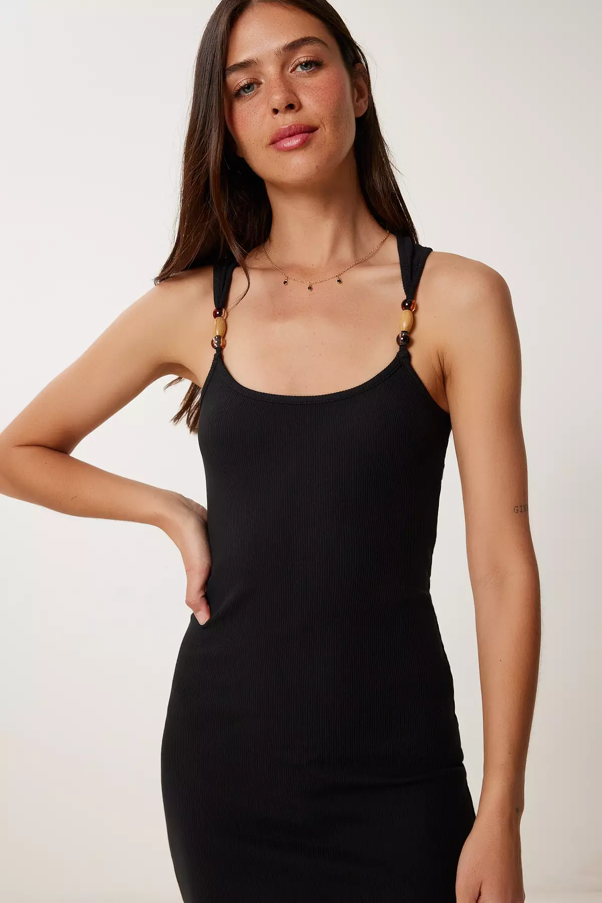 Women's Black Beaded Ribbed Knitted Dress Ns00412