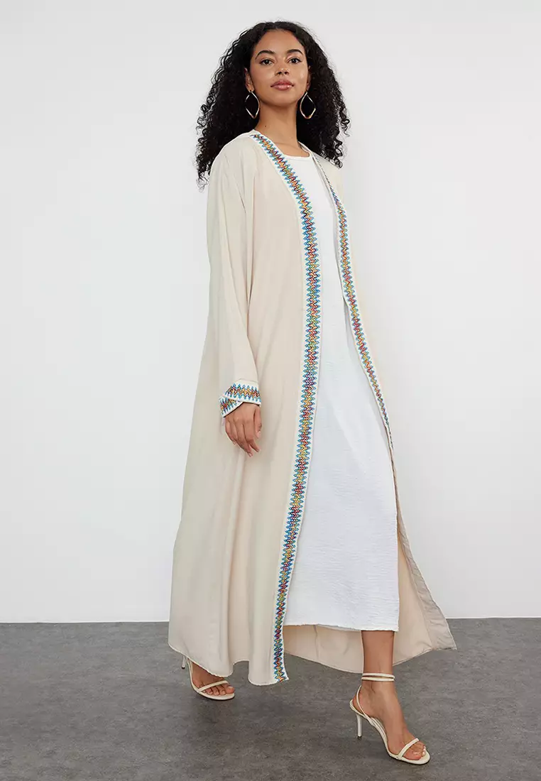 Stone Piping Detailed Woven Cape & Abaya & Kimono TCTSS24KF00033