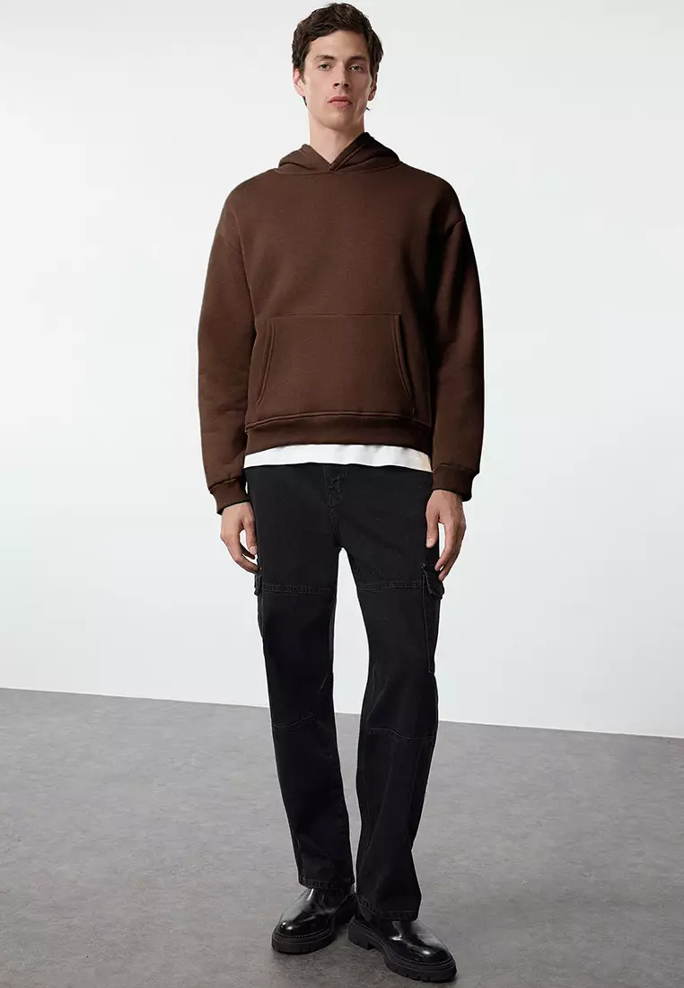 Dark Brown Oversize/Wide Cut Back Embroidered Detailed Hooded Sweatshirt TMNAW25SW00142