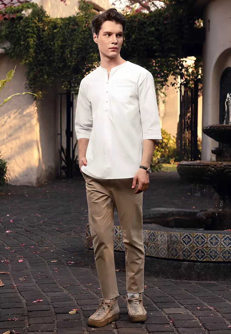 OXCON kemeja Vneck Henley Collarless shirt White