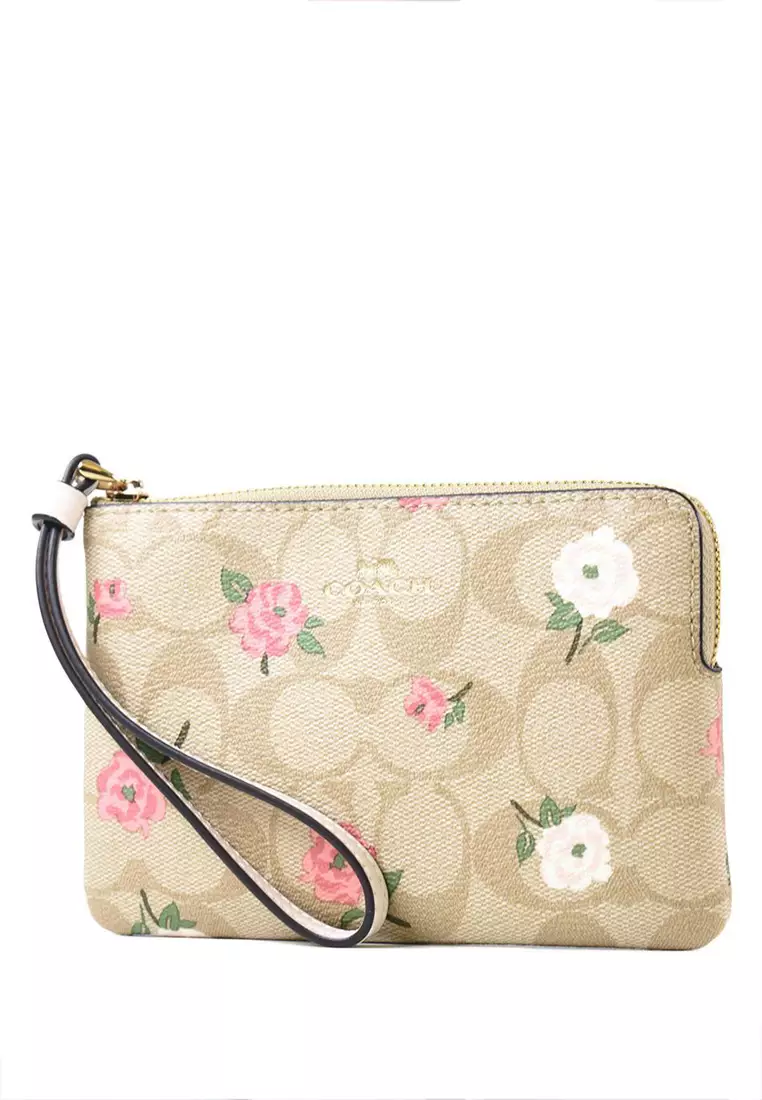 Corner Zip Wristlet In Signature Canvas With Floral Print - Light Brown