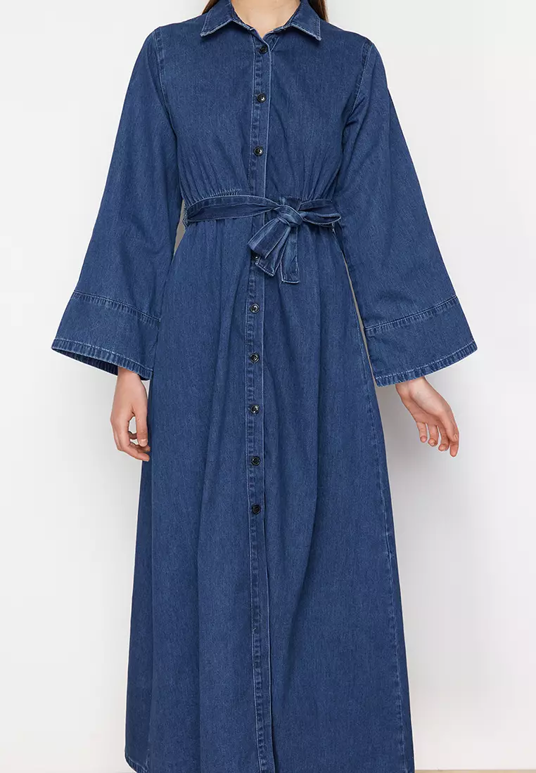 Cotton Denim Maxi Shirt Dress