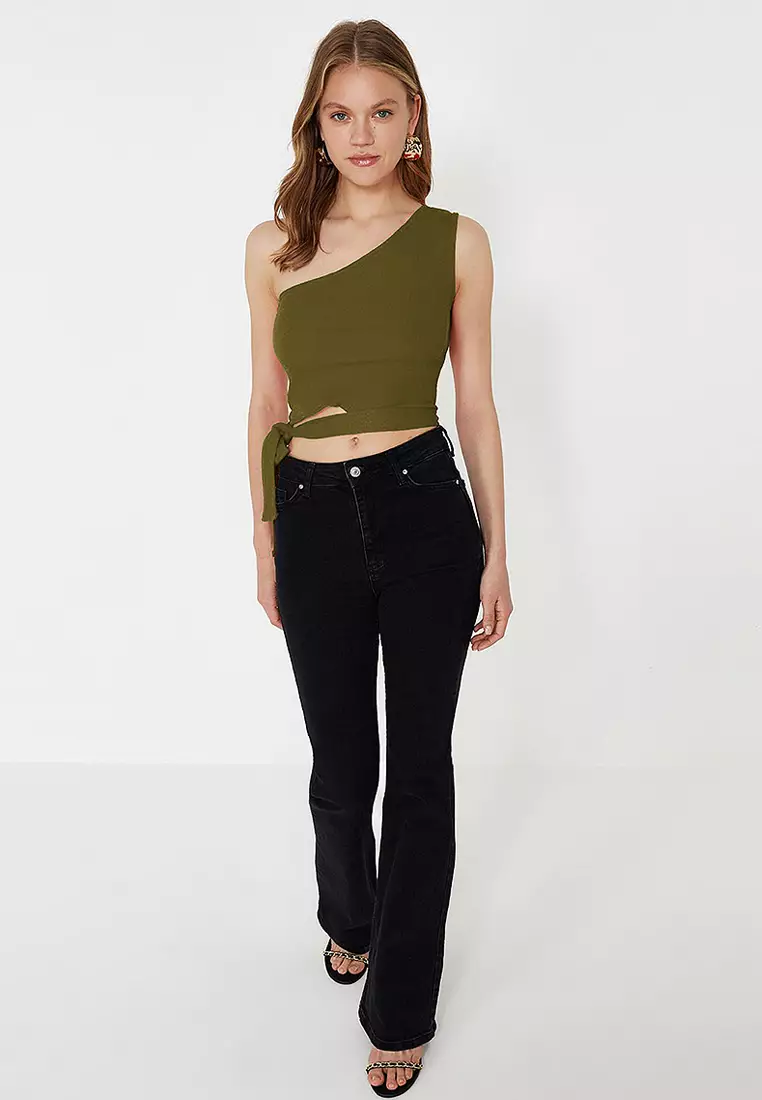 Oil Green One Shoulder Fitted Tie Detail Ribbed Knitted Blouse