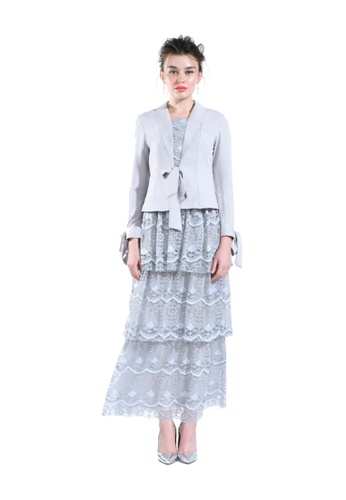 Lunaria Silver Kebaya Blazer with Lace Layer Skirt from Hernani in Grey and Blue and Silver
