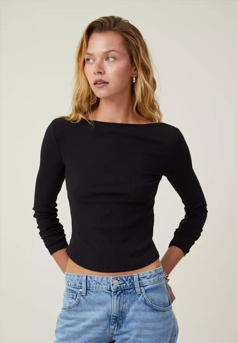 Staple Rib Boat Neck Long Sleeve Top