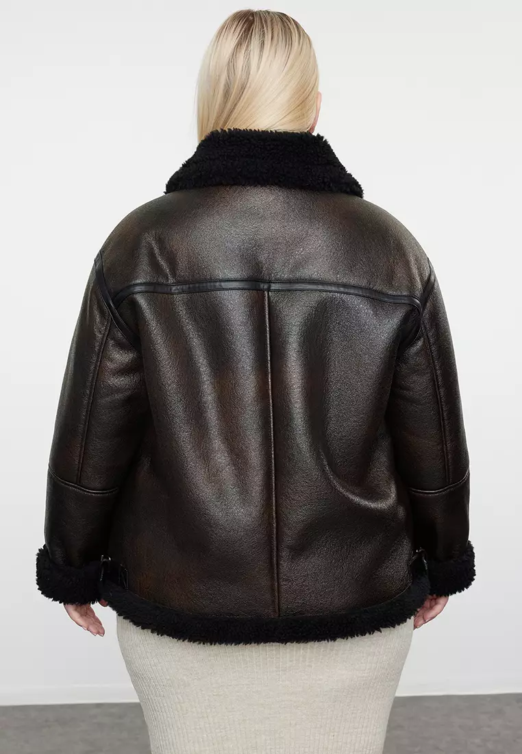 Brown Regular Fit Faux Leather Biker Coat with Fur Detail TBBAW25AW00001