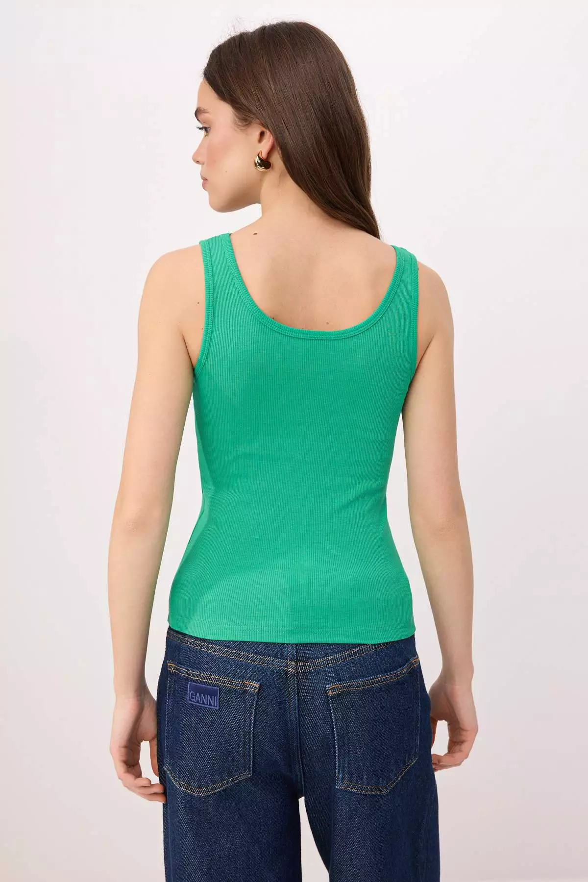 Green Fitted/Body-Fitting Pool Neckline Corded Fabric Stretchy Knitted Tank Top Twoss22Al42
