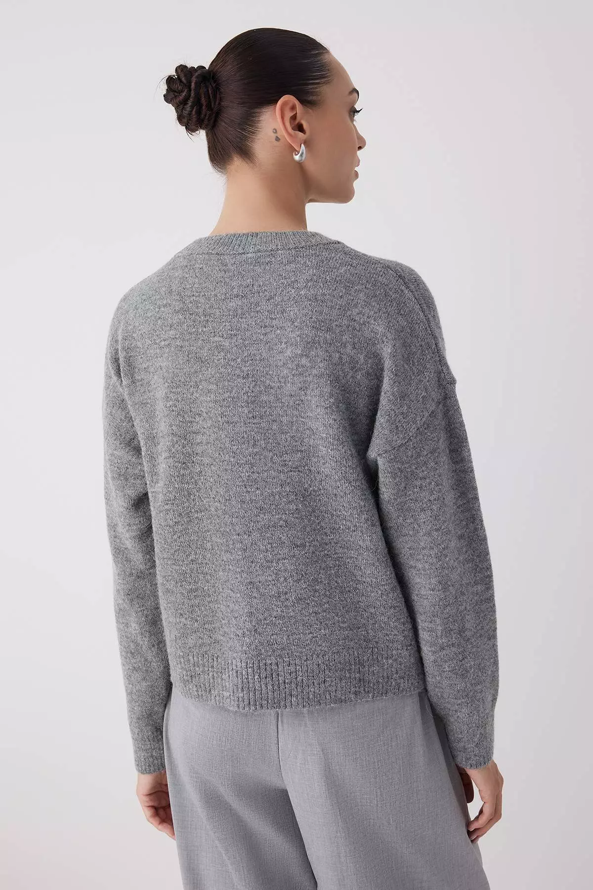 Anthracite Alpaca Wool Blended Premium/Special Yarn Wide Fit Basic Knitwear Sweater