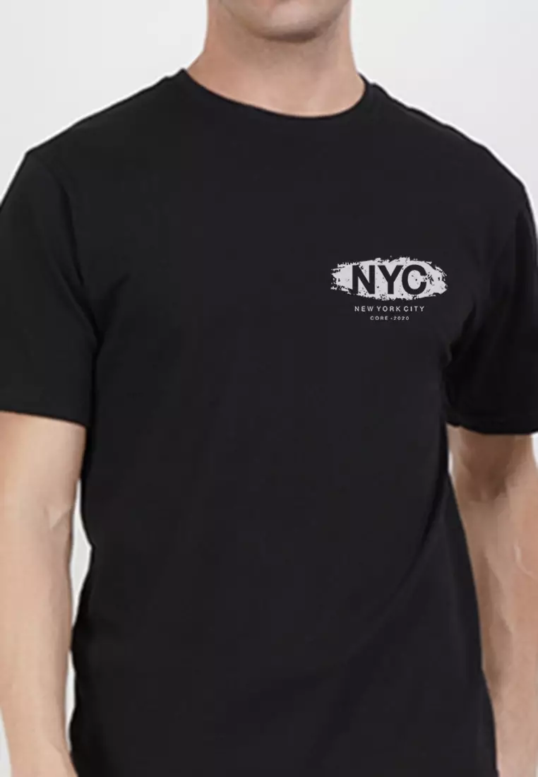 NYC 口袋印花黑色棉质短袖圆领休闲 T 恤