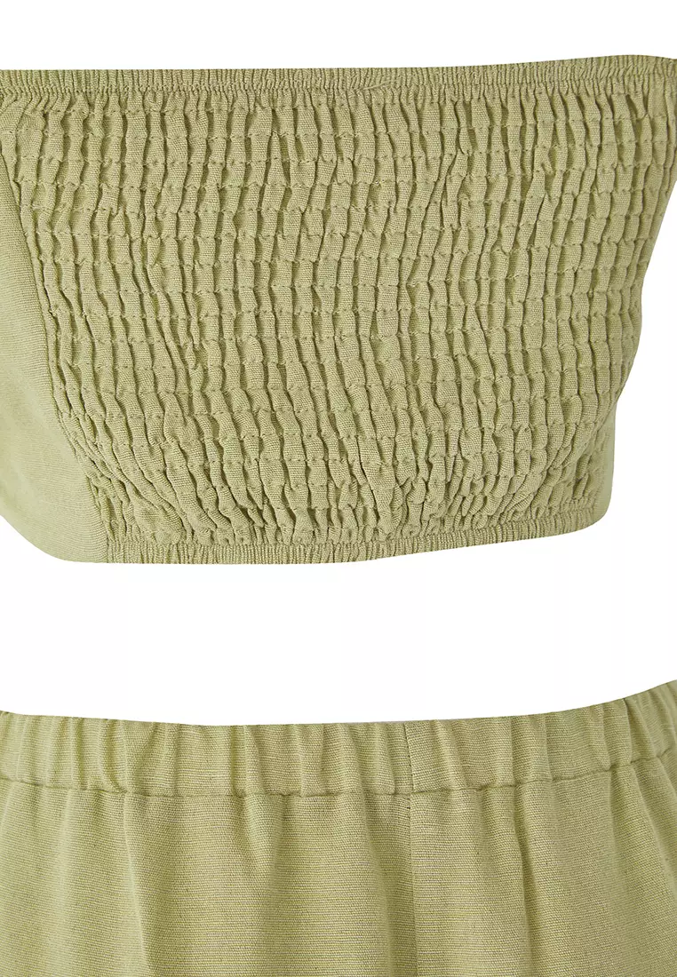 Light Khaki Linen Woven Blouse Trousers Top-Bottom Set TWOSS25AU00108