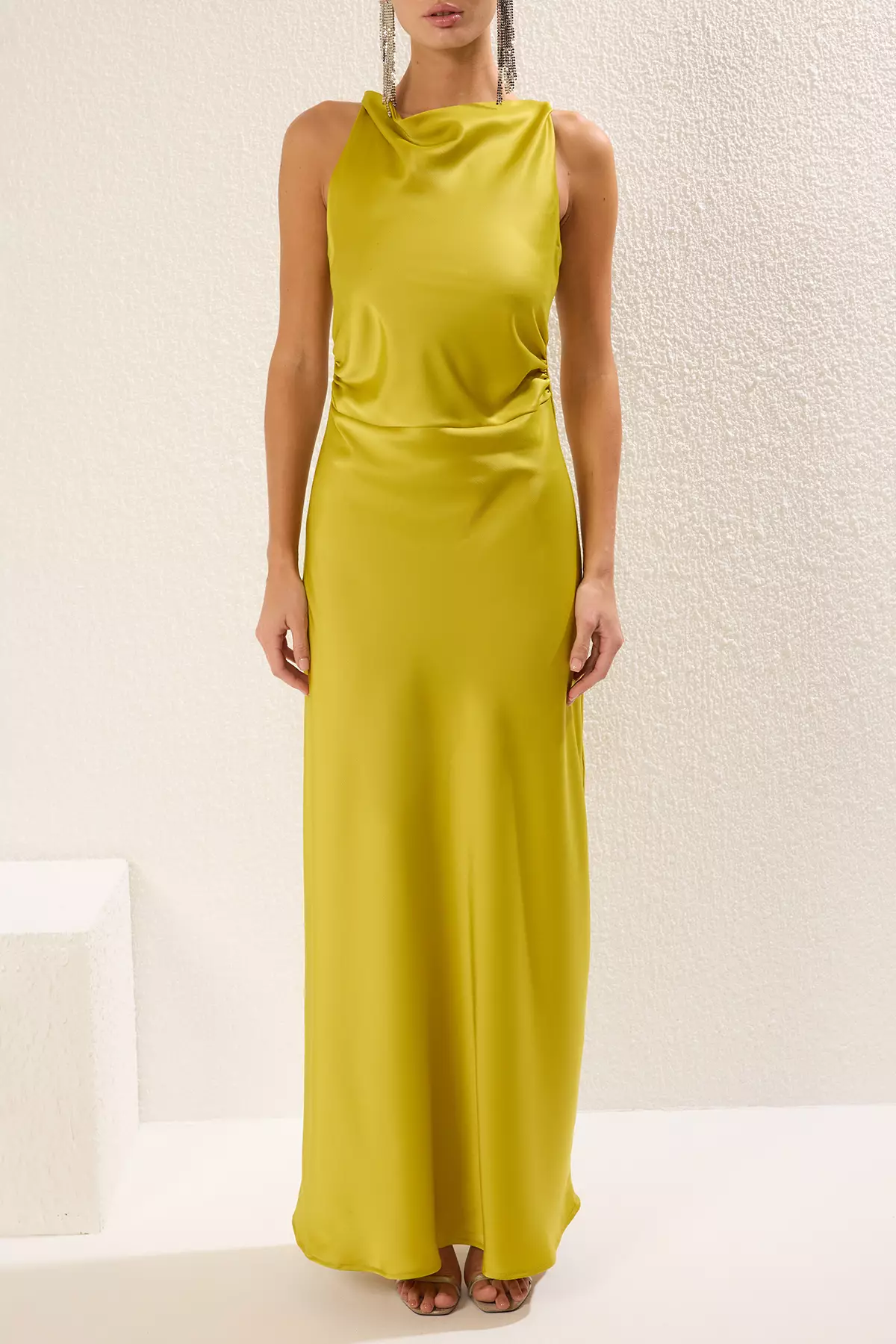 Oil Green Fitted Satin Woven Maxi Evening Prom Dress TPRSS25AE00066