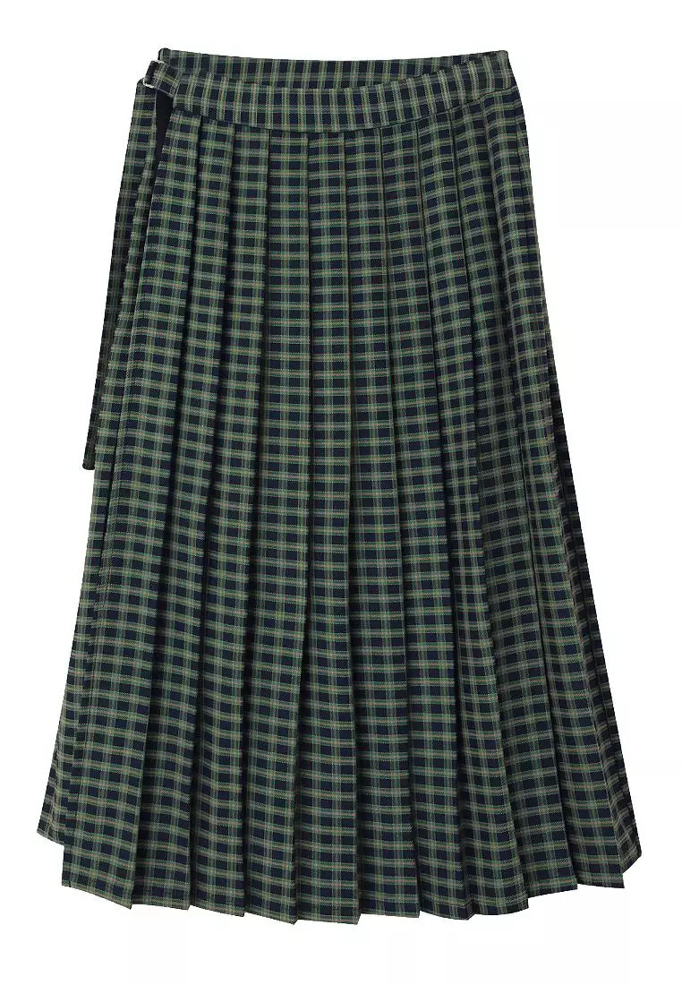 日系格紋收腰綁帶撞色拼接百褶裙《CA2702》