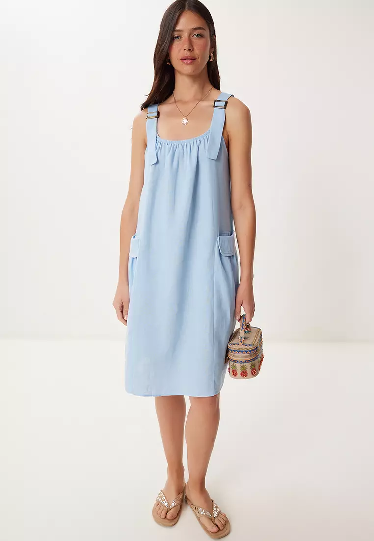 Women's Sky Blue Linen Blend Light See-Through Beach Dress Gx00009