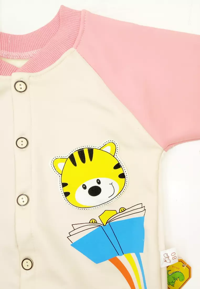 Jaket Bayi Baseball Fleece Atasan Sweater Kancing Anak Import Tebal dan Lembut Motif Love Book Cat 4407 Pink